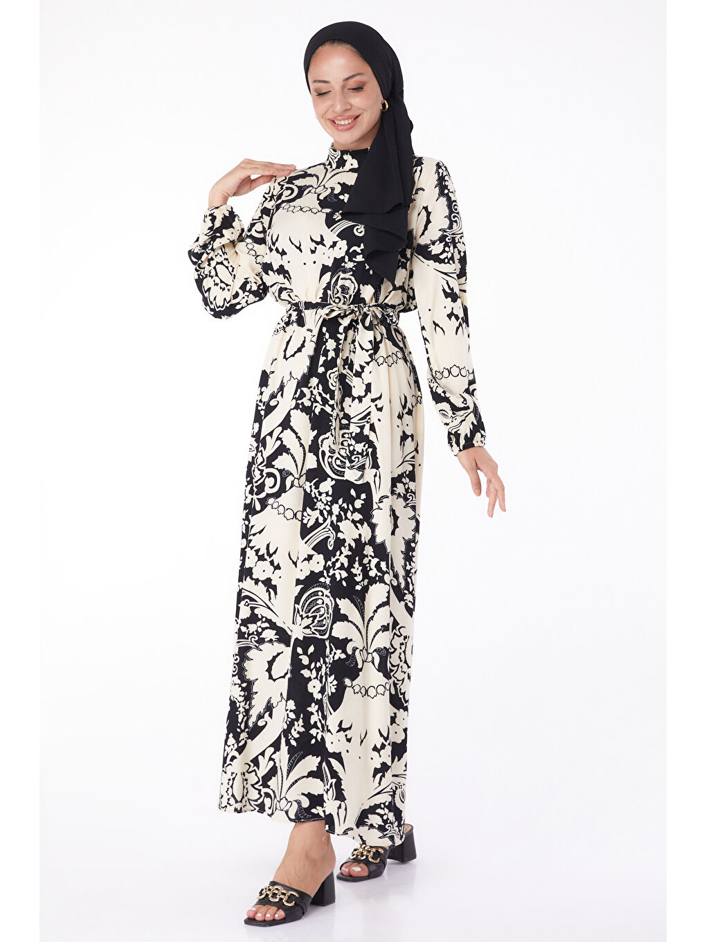 Desenli Elbise Siyah - 13271-1