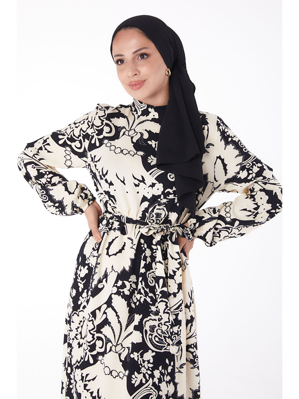 Desenli Elbise Siyah - 13271-2