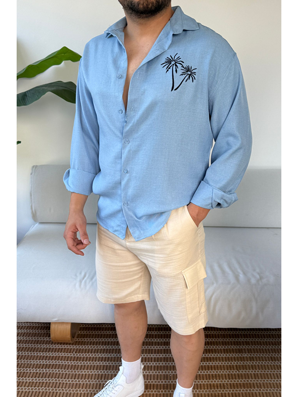 Erkek Mavi Düğmeli Yaka  100 Keten Nakışlı Gömlek
