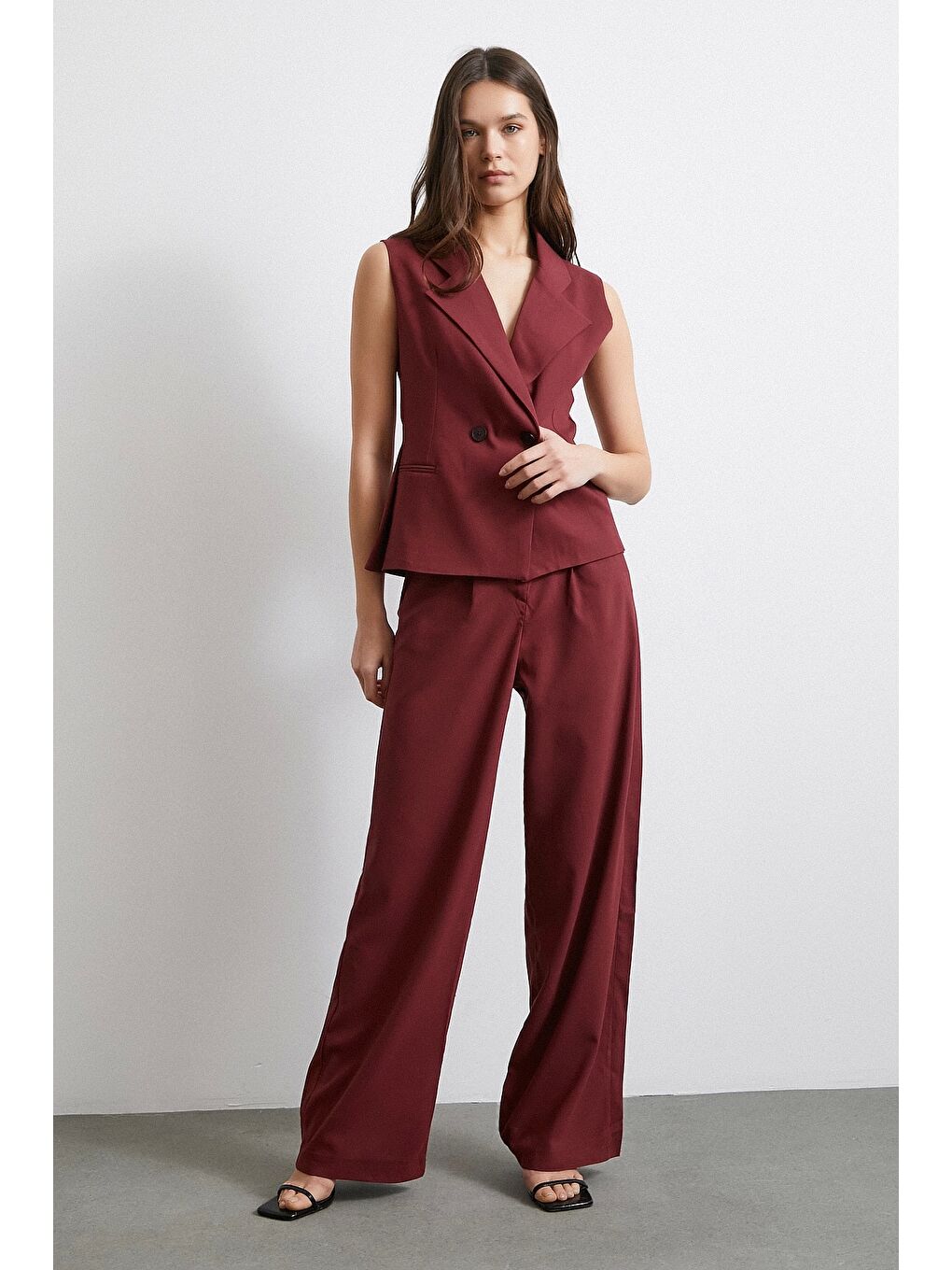 Yüksek Bel Beli Lastikli Geniş Paça Pantolon Bordo-1
