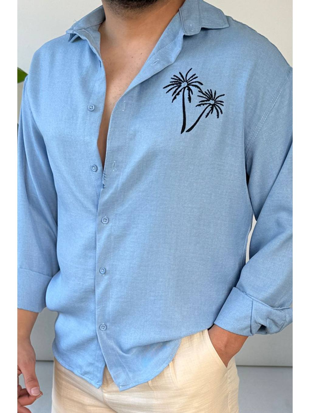 Erkek Mavi Düğmeli Yaka  100 Keten Nakışlı Gömlek-1