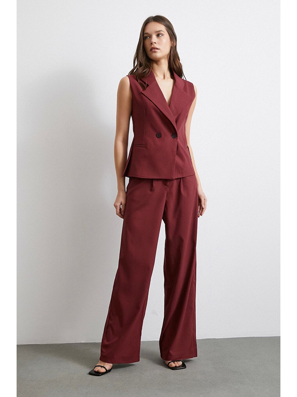 Yüksek Bel Beli Lastikli Geniş Paça Pantolon Bordo-2