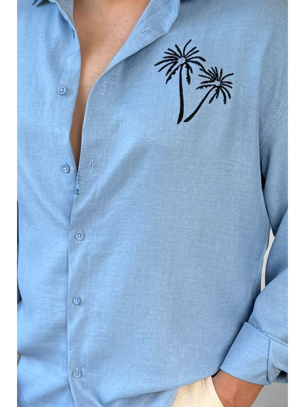 Erkek Mavi Düğmeli Yaka  100 Keten Nakışlı Gömlek-2
