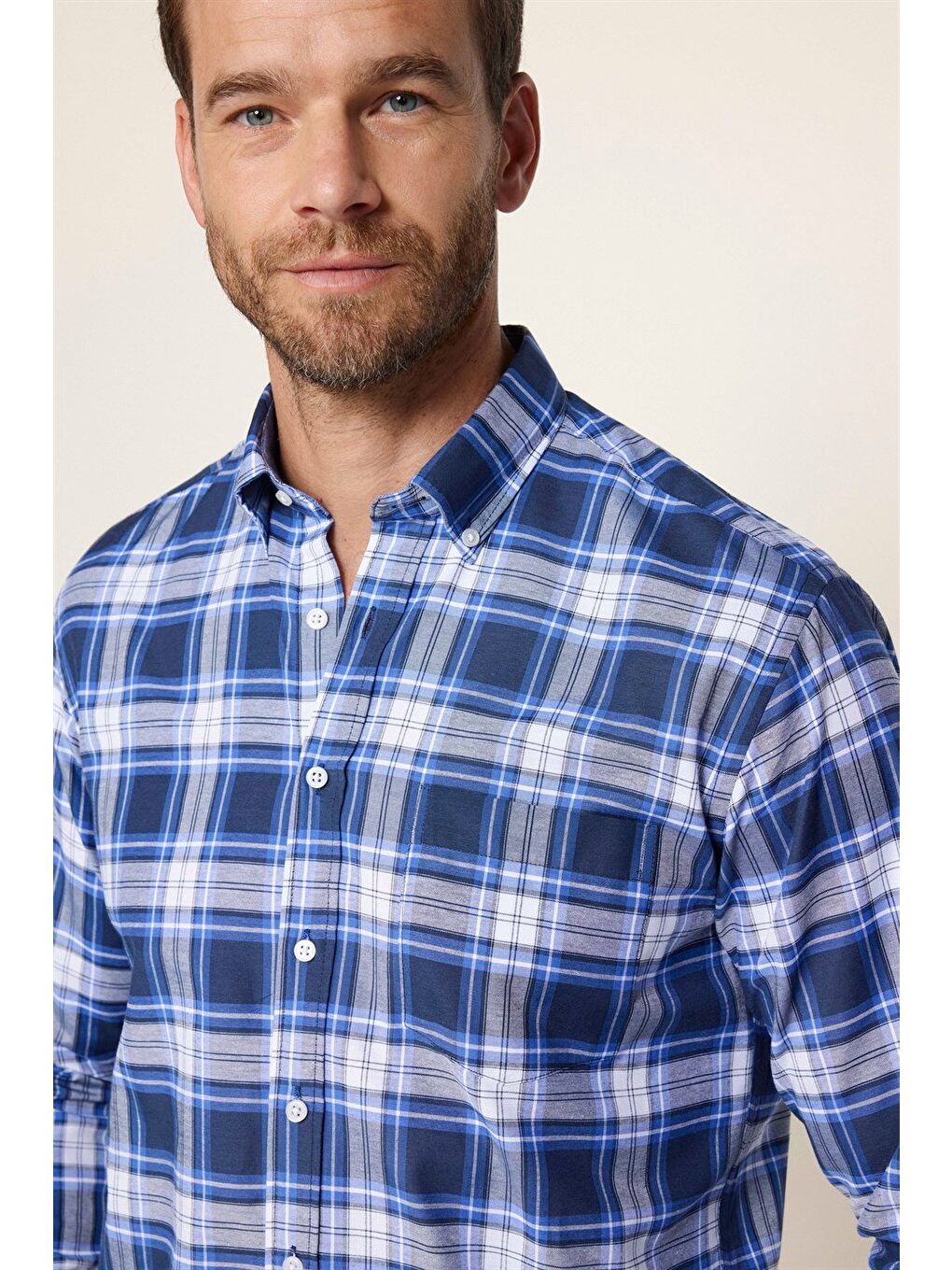 Karışık Erkek Regular Fit Klasik Kesim Düğmeli Yaka Küçük Kareli Pamuklu Gömlek-2