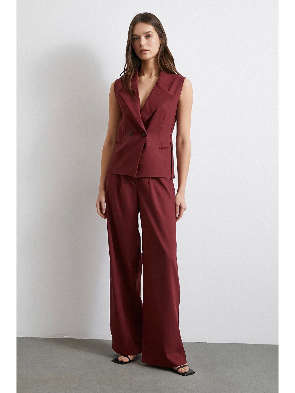 Yüksek Bel Beli Lastikli Geniş Paça Pantolon Bordo-3