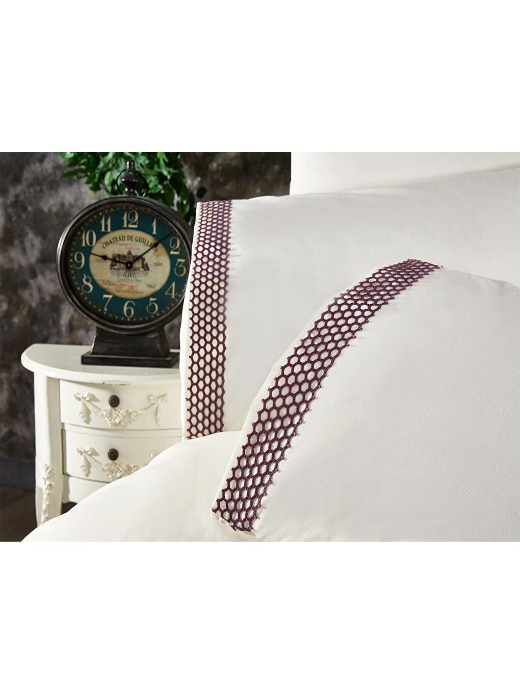 Karışık Tomira Dantelli 6 Parça Çift Kişilik Nevresim Takımı Krem Mürdüm-1