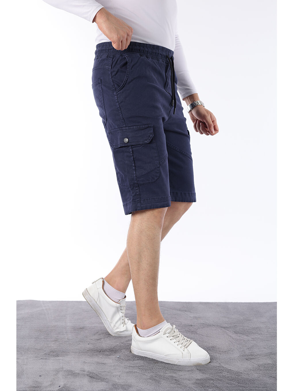 Lacivert Erkek Beli Lastikli Dikiş Detaylı Kargo Cep Kapri Şort-1