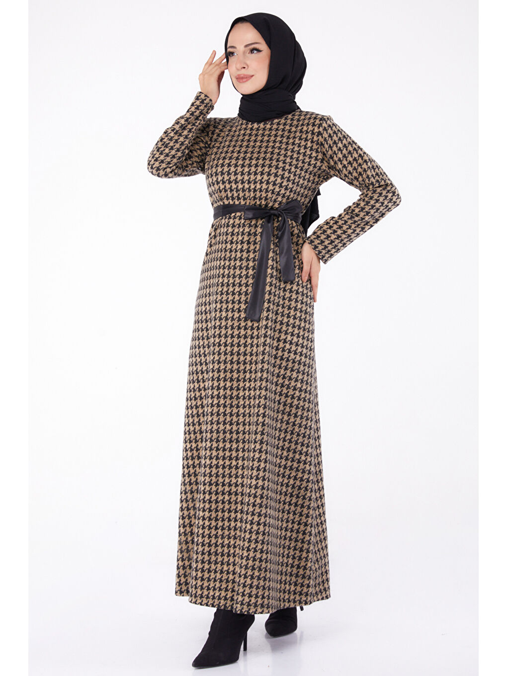 Bej Kuşaklı Elbise Vizon - 13322