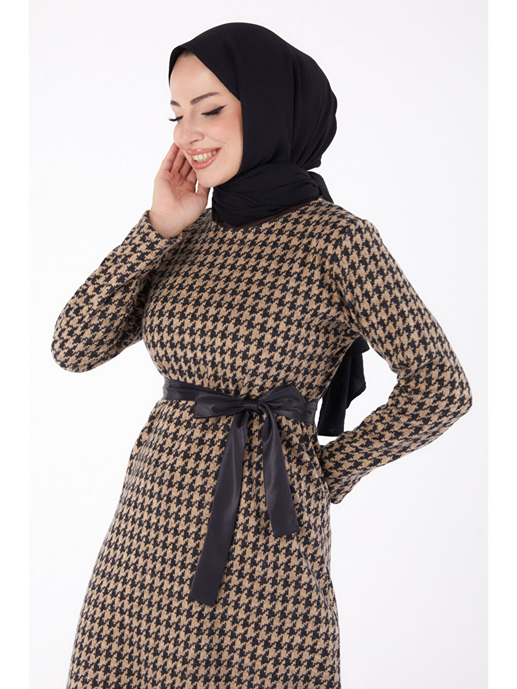 Bej Kuşaklı Elbise Vizon - 13322-1