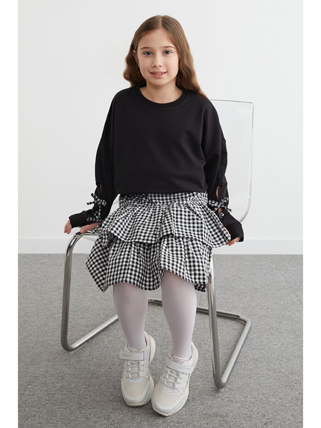 Siyah Fiyonklu Ekose Desenli Etekli 2 Li Kız Çocuk Takım-1