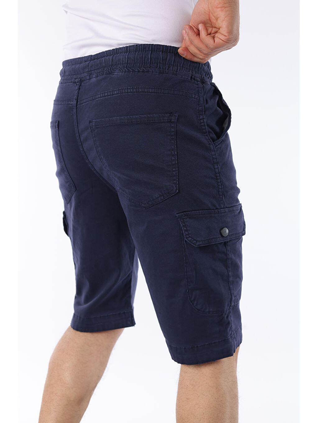 Lacivert Erkek Beli Lastikli Dikiş Detaylı Kargo Cep Kapri Şort-2