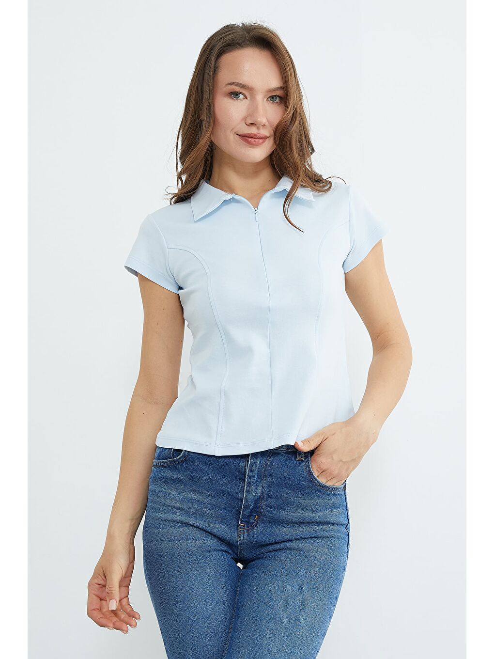 Mavi Basic Yarım Fermuarlı Polo Yaka Slim Fit Tişört