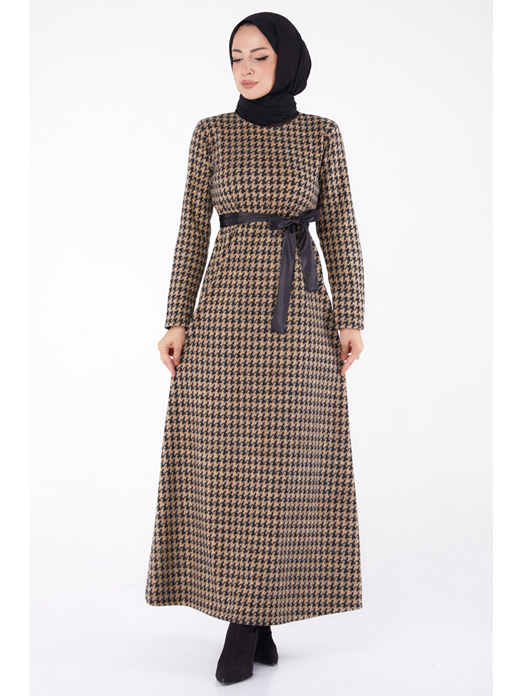 Bej Kuşaklı Elbise Vizon - 13322-2