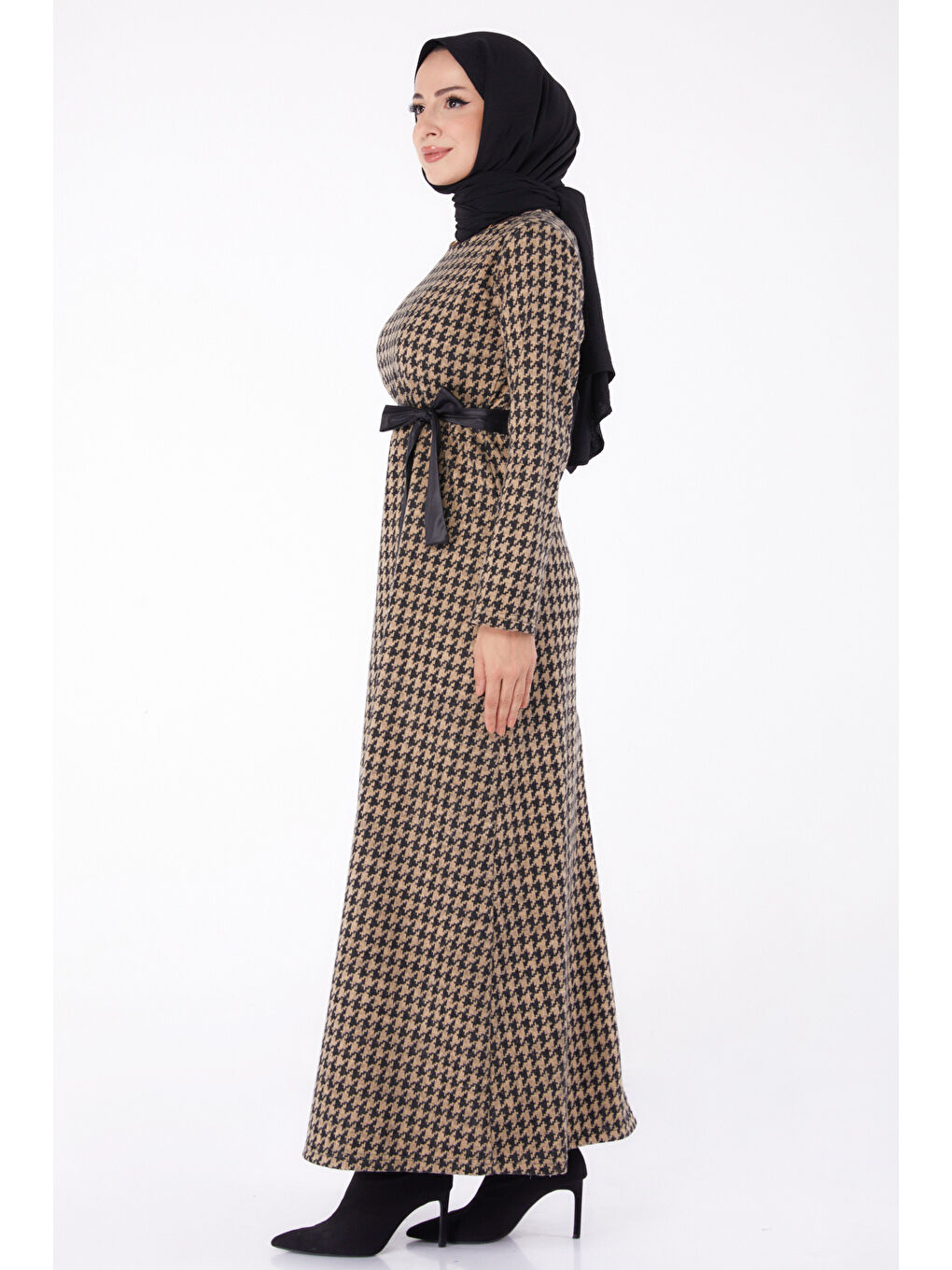 Bej Kuşaklı Elbise Vizon - 13322-3