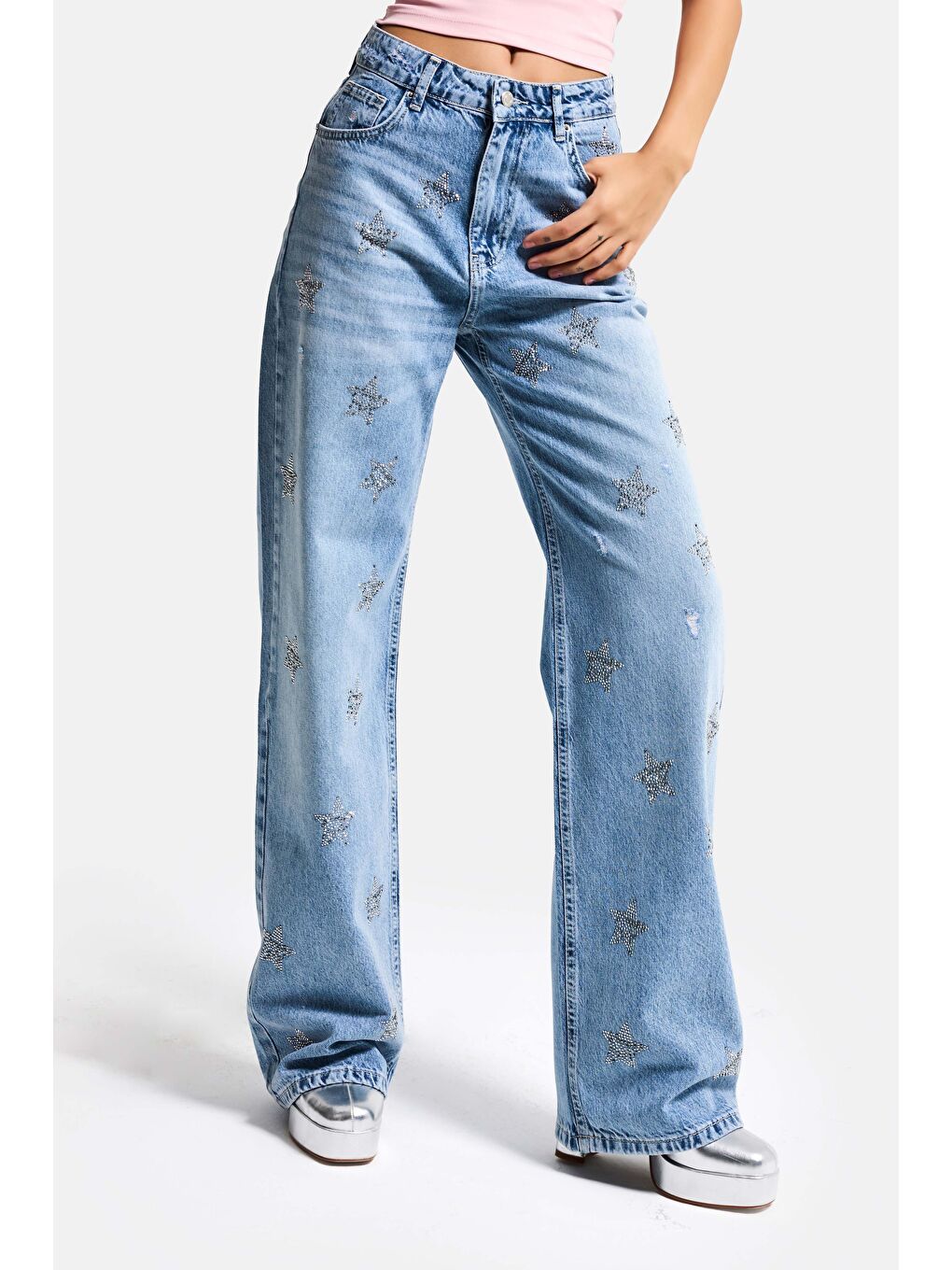 Kadın Mavi T1-12s6-99 Straight Fit Parlak Yıldız Taşlı Özel Tasarım Denim Jean