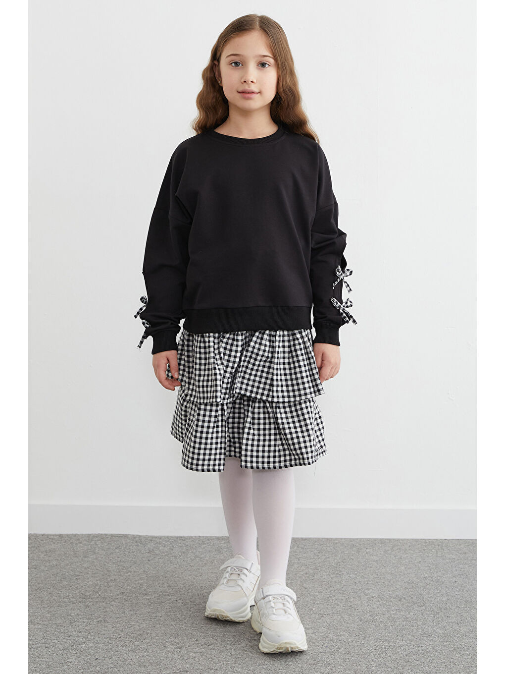 Siyah Fiyonklu Ekose Desenli Etekli 2 Li Kız Çocuk Takım-2