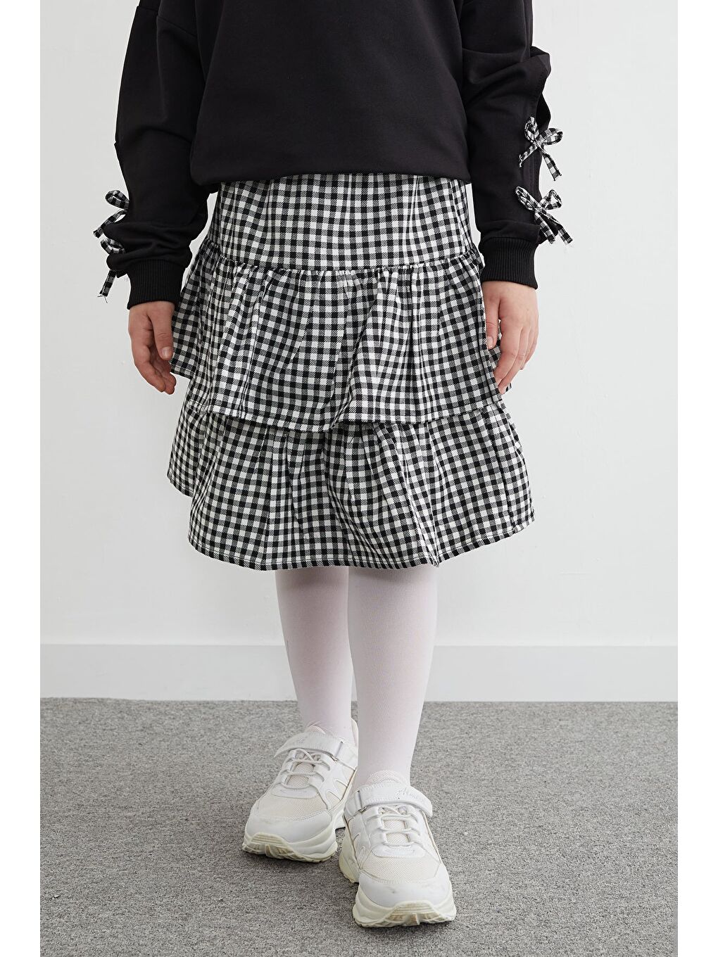 Siyah Fiyonklu Ekose Desenli Etekli 2 Li Kız Çocuk Takım-3