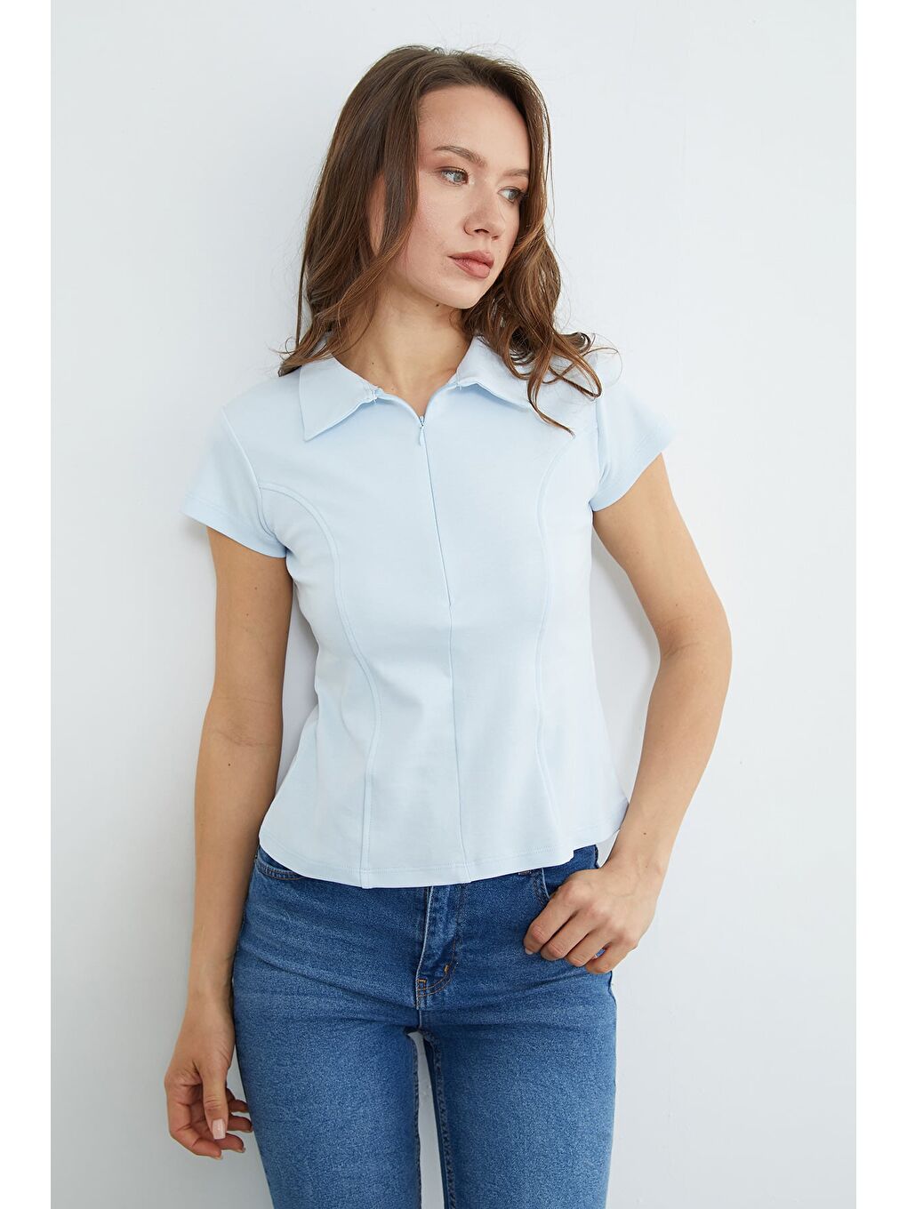 Mavi Basic Yarım Fermuarlı Polo Yaka Slim Fit Tişört-1