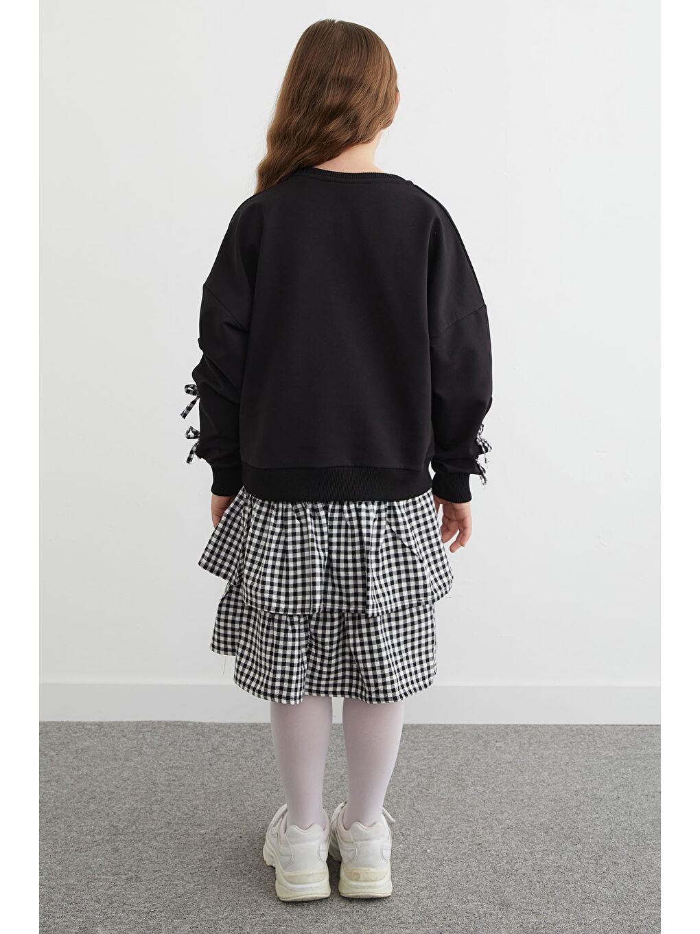 Siyah Fiyonklu Ekose Desenli Etekli 2 Li Kız Çocuk Takım-4