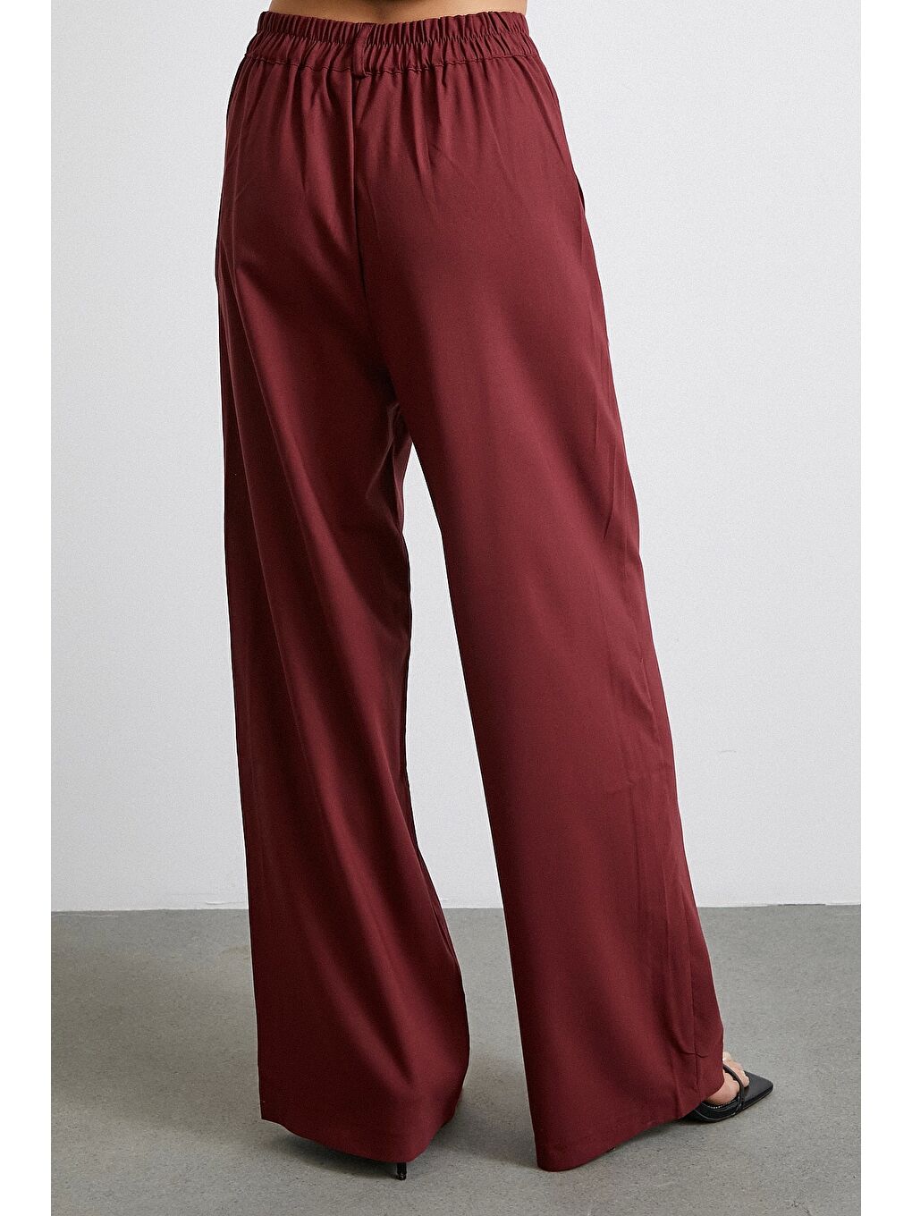 Yüksek Bel Beli Lastikli Geniş Paça Pantolon Bordo-5