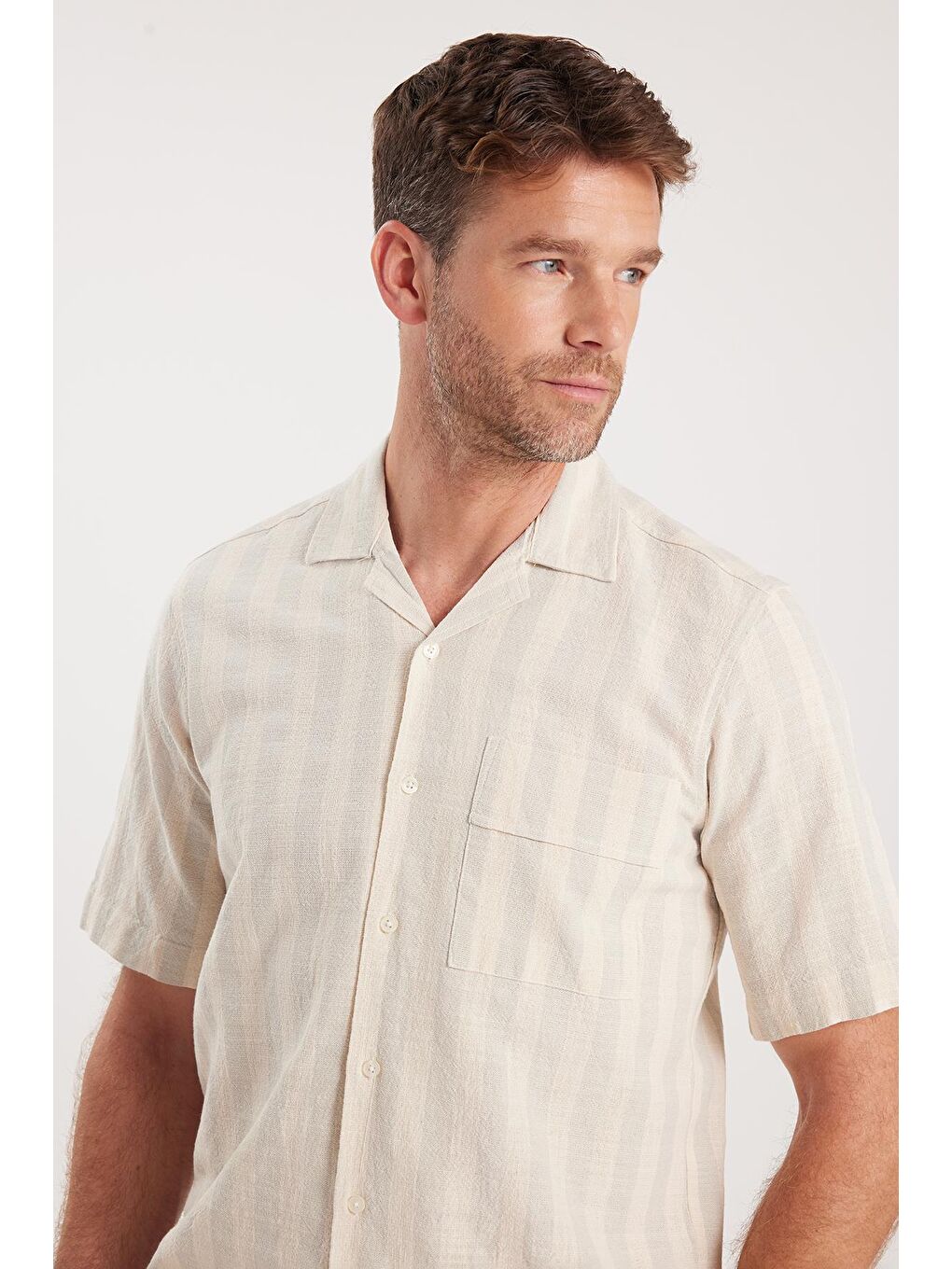 Karışık Erkek Regular Fit Klasik Kesim Kısa Kollu Apaş Yaka Çizgili Cepli %100 Pamuk Gömlek-1