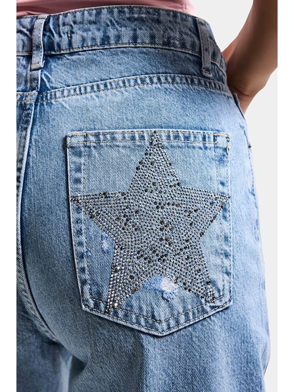 Kadın Mavi T1-12s6-99 Straight Fit Parlak Yıldız Taşlı Özel Tasarım Denim Jean-1