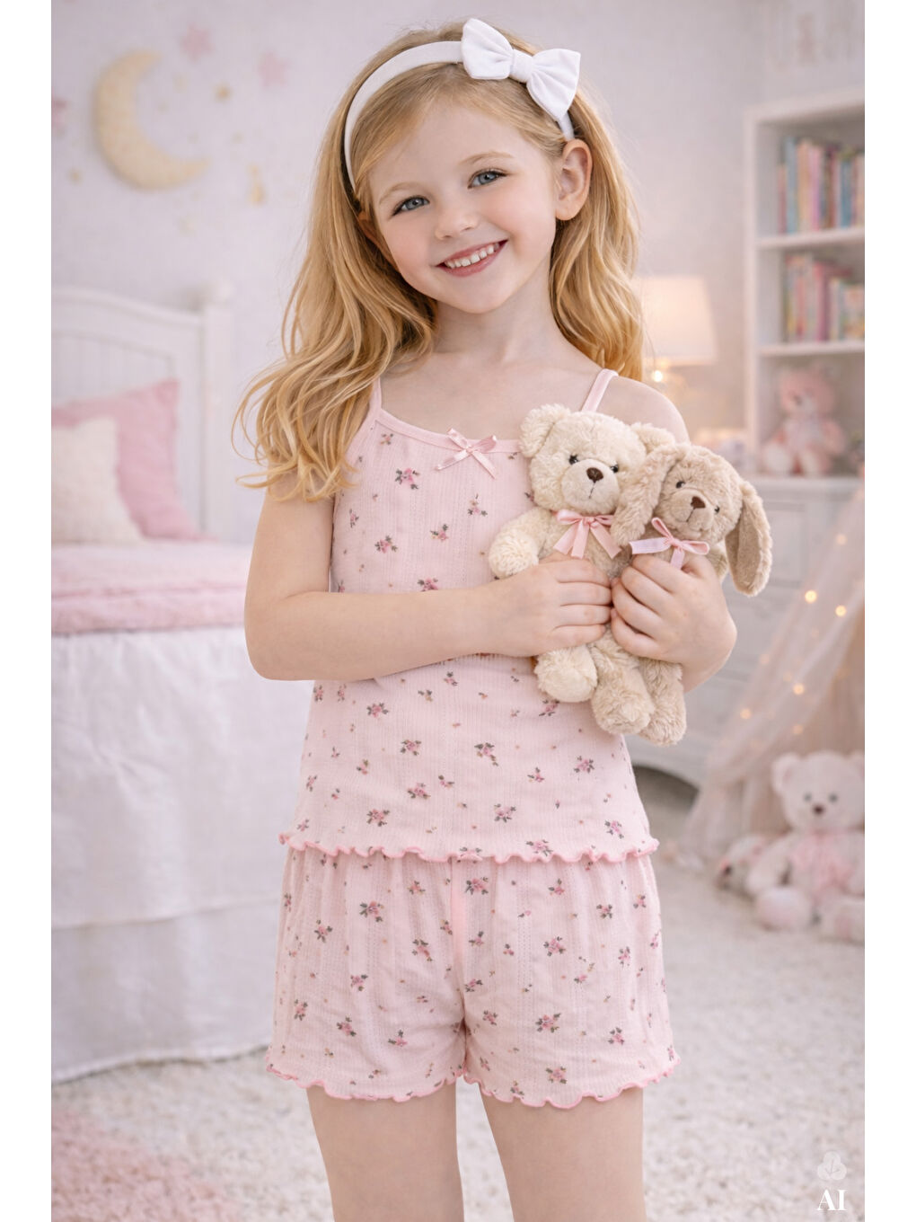 Pembe Kız Çocuk Pamuklu Çiçek Desenli Fiyonklu Askılı Şortlu Pijama Takımı