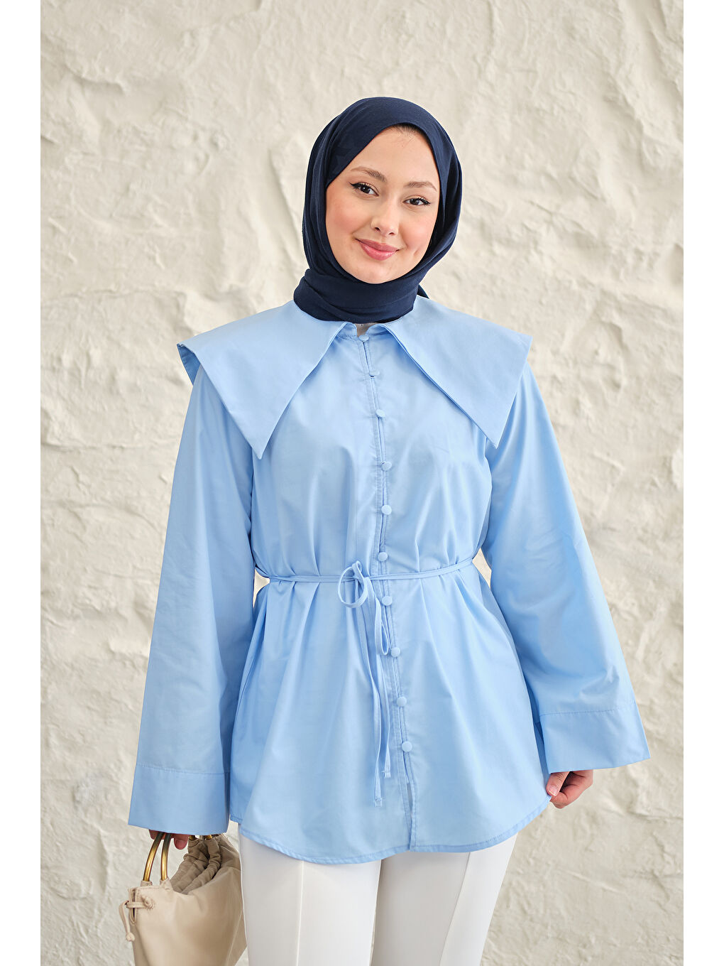 Kadın Gemici Yaka Bel Bağlamalı Gömlek Mavi
