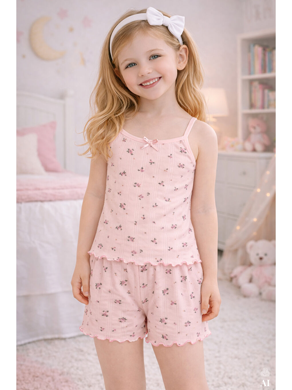 Pembe Kız Çocuk Pamuklu Çiçek Desenli Fiyonklu Askılı Şortlu Pijama Takımı-1