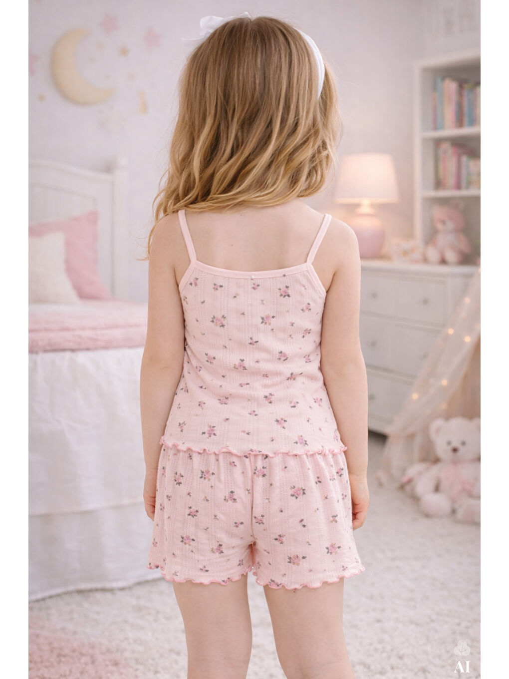 Pembe Kız Çocuk Pamuklu Çiçek Desenli Fiyonklu Askılı Şortlu Pijama Takımı-2