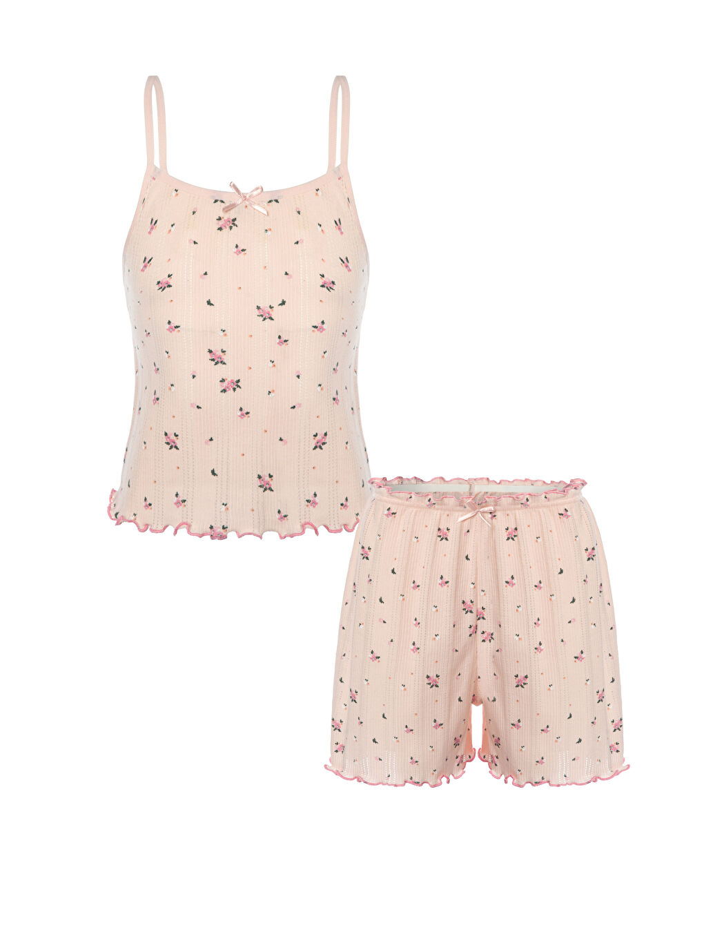 Pembe Kız Çocuk Pamuklu Çiçek Desenli Fiyonklu Askılı Şortlu Pijama Takımı-3
