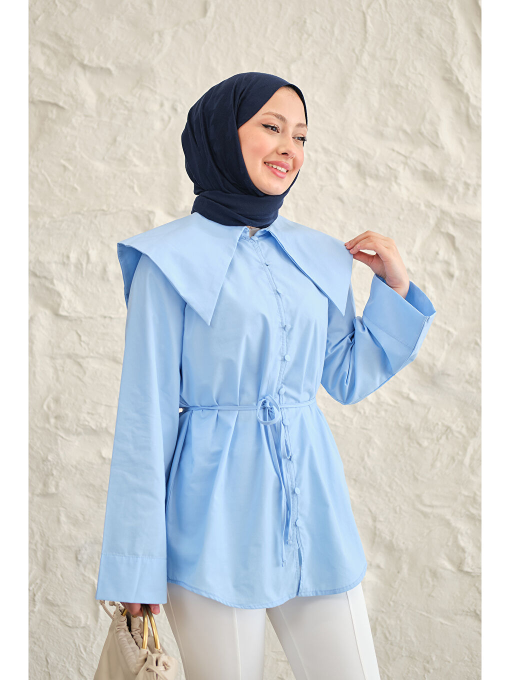 Kadın Gemici Yaka Bel Bağlamalı Gömlek Mavi-1