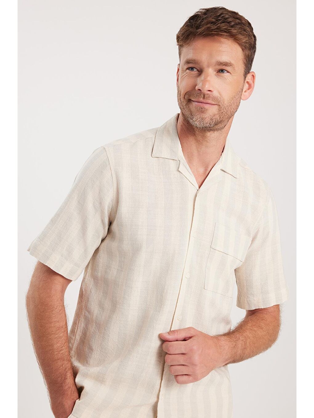 Karışık Erkek Regular Fit Klasik Kesim Kısa Kollu Apaş Yaka Çizgili Cepli %100 Pamuk Gömlek-3