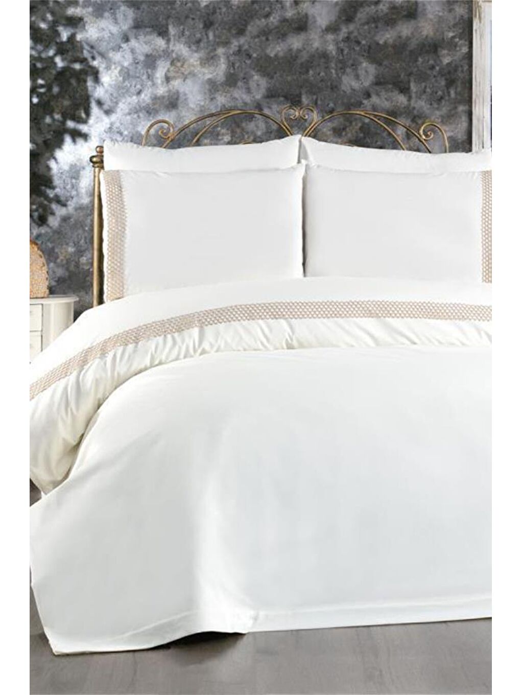 Karışık Tomira Dantelli 6 Parça Çift Kişilik Nevresim Takımı Krem Bej-5