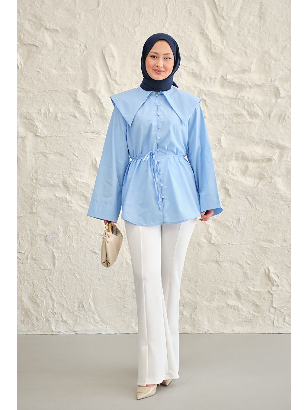 Kadın Gemici Yaka Bel Bağlamalı Gömlek Mavi-2
