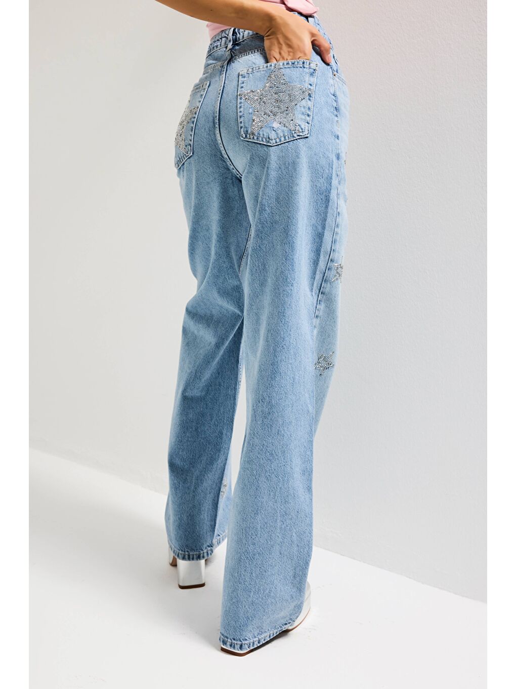 Kadın Mavi T1-12s6-99 Straight Fit Parlak Yıldız Taşlı Özel Tasarım Denim Jean-3