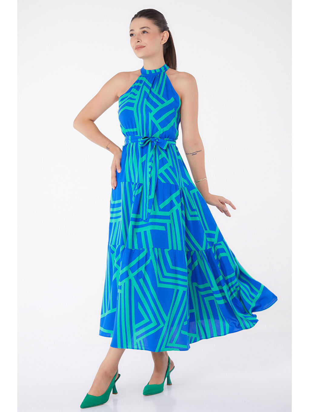 Yeşil Desenli Reglan Kol Elbise Yesil - 13265