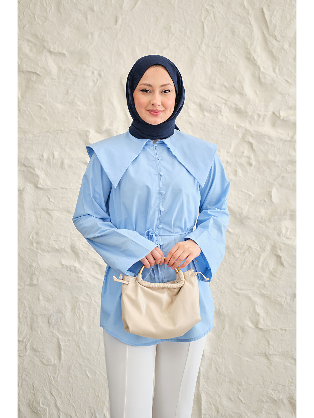 Kadın Gemici Yaka Bel Bağlamalı Gömlek Mavi-3