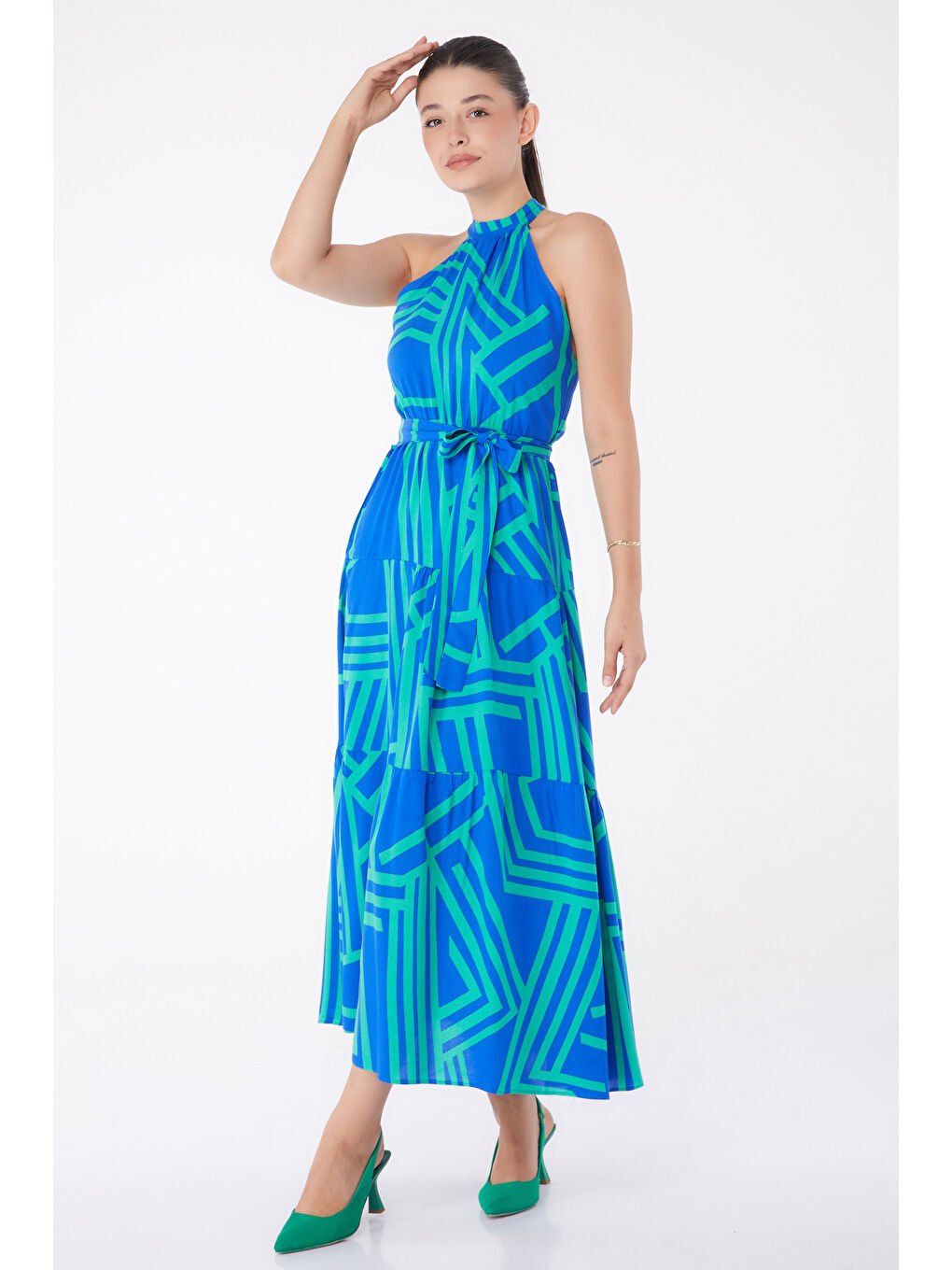 Yeşil Desenli Reglan Kol Elbise Yesil - 13265-1