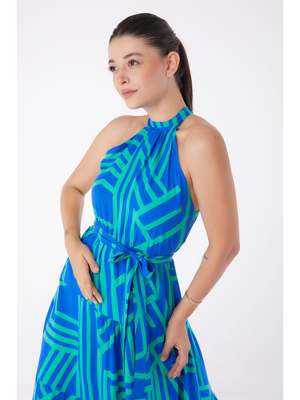 Yeşil Desenli Reglan Kol Elbise Yesil - 13265-2