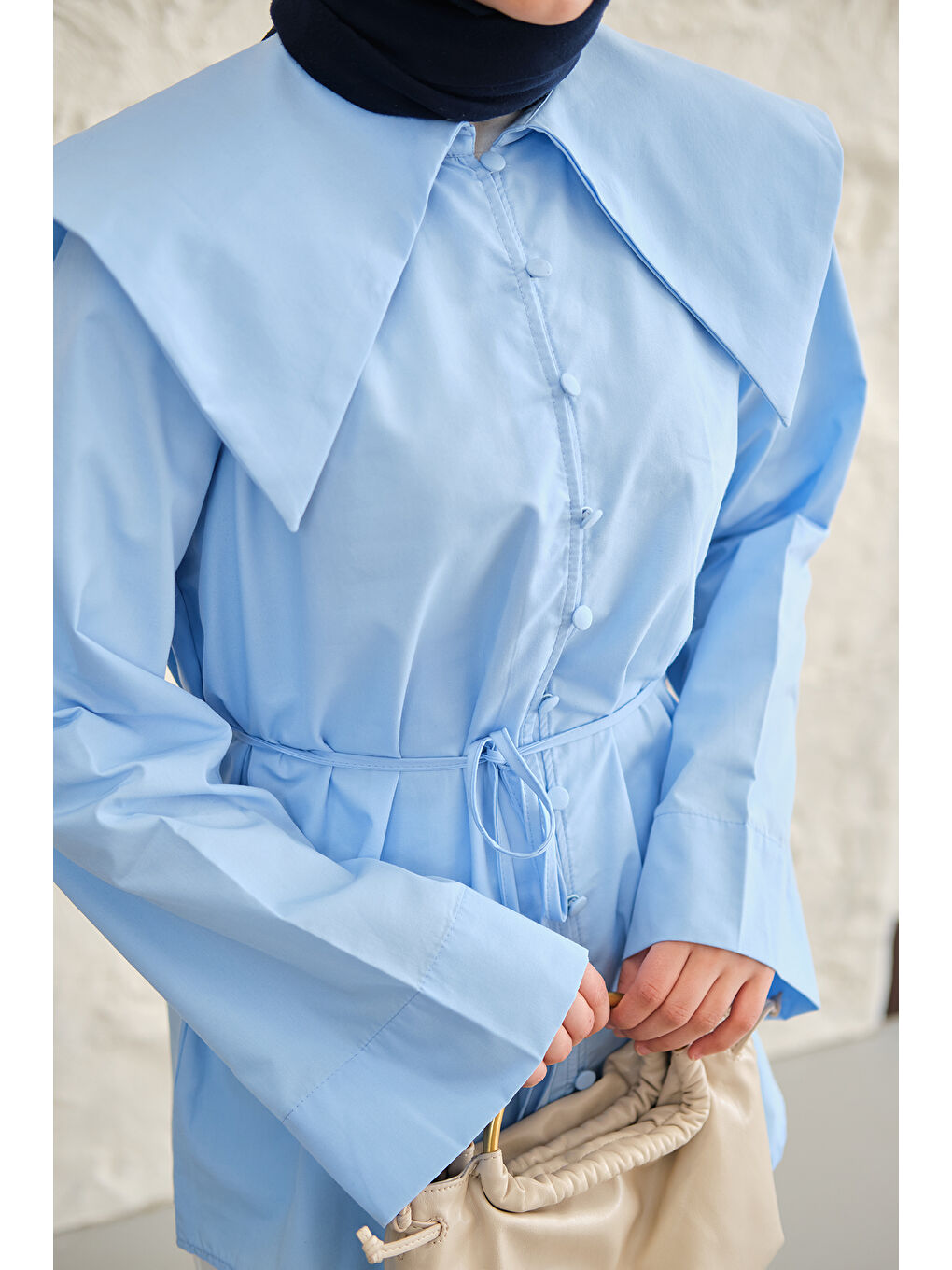 Kadın Gemici Yaka Bel Bağlamalı Gömlek Mavi-4