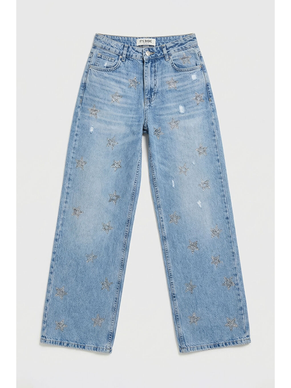Kadın Mavi T1-12s6-99 Straight Fit Parlak Yıldız Taşlı Özel Tasarım Denim Jean-4