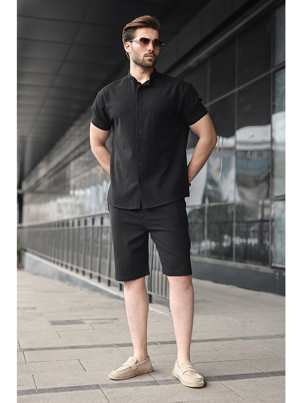 Siyah Erkek Şort Gömlek Takım E7350-1