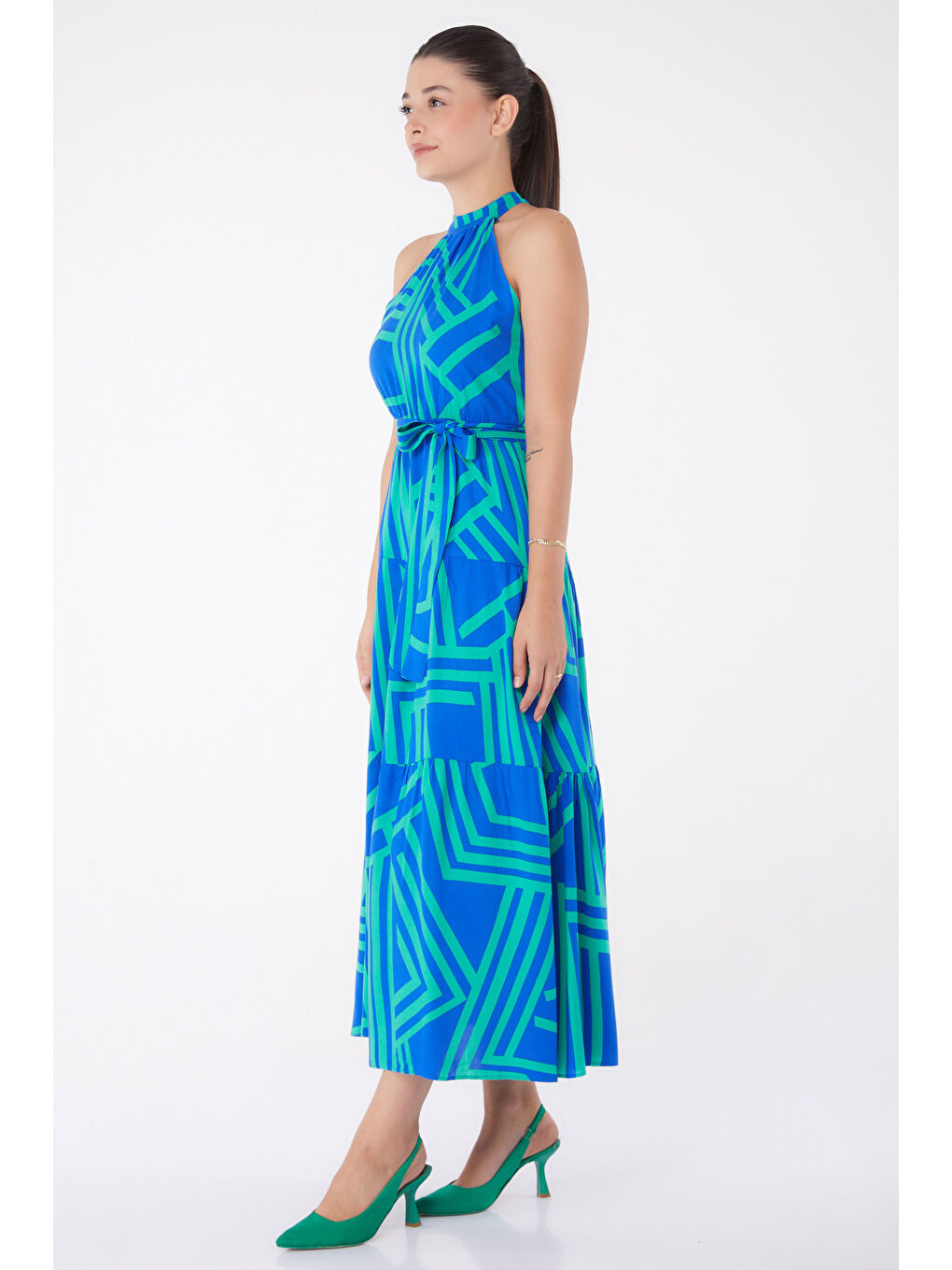 Yeşil Desenli Reglan Kol Elbise Yesil - 13265-3