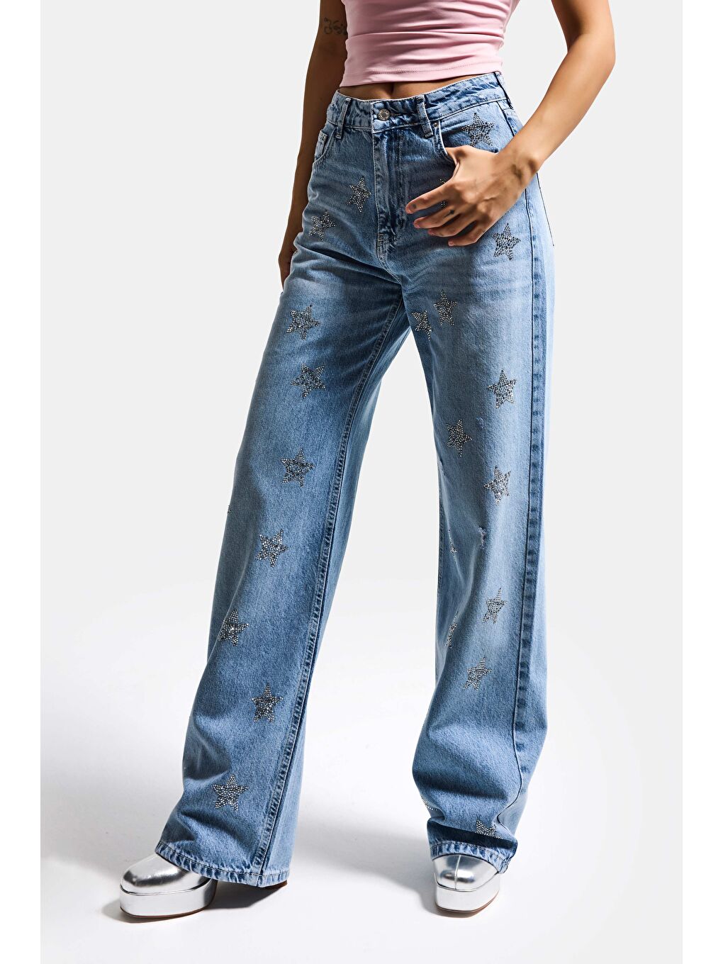 Kadın Mavi T1-12s6-99 Straight Fit Parlak Yıldız Taşlı Özel Tasarım Denim Jean-5