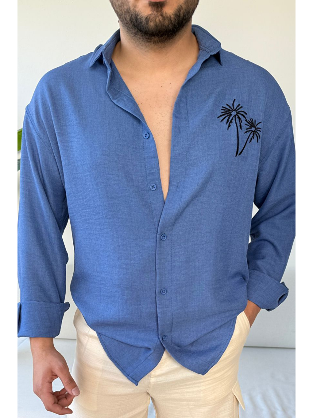 Mavi Erkek Saks Düğmeli Yaka  100 Keten Nakışlı Gömlek-1