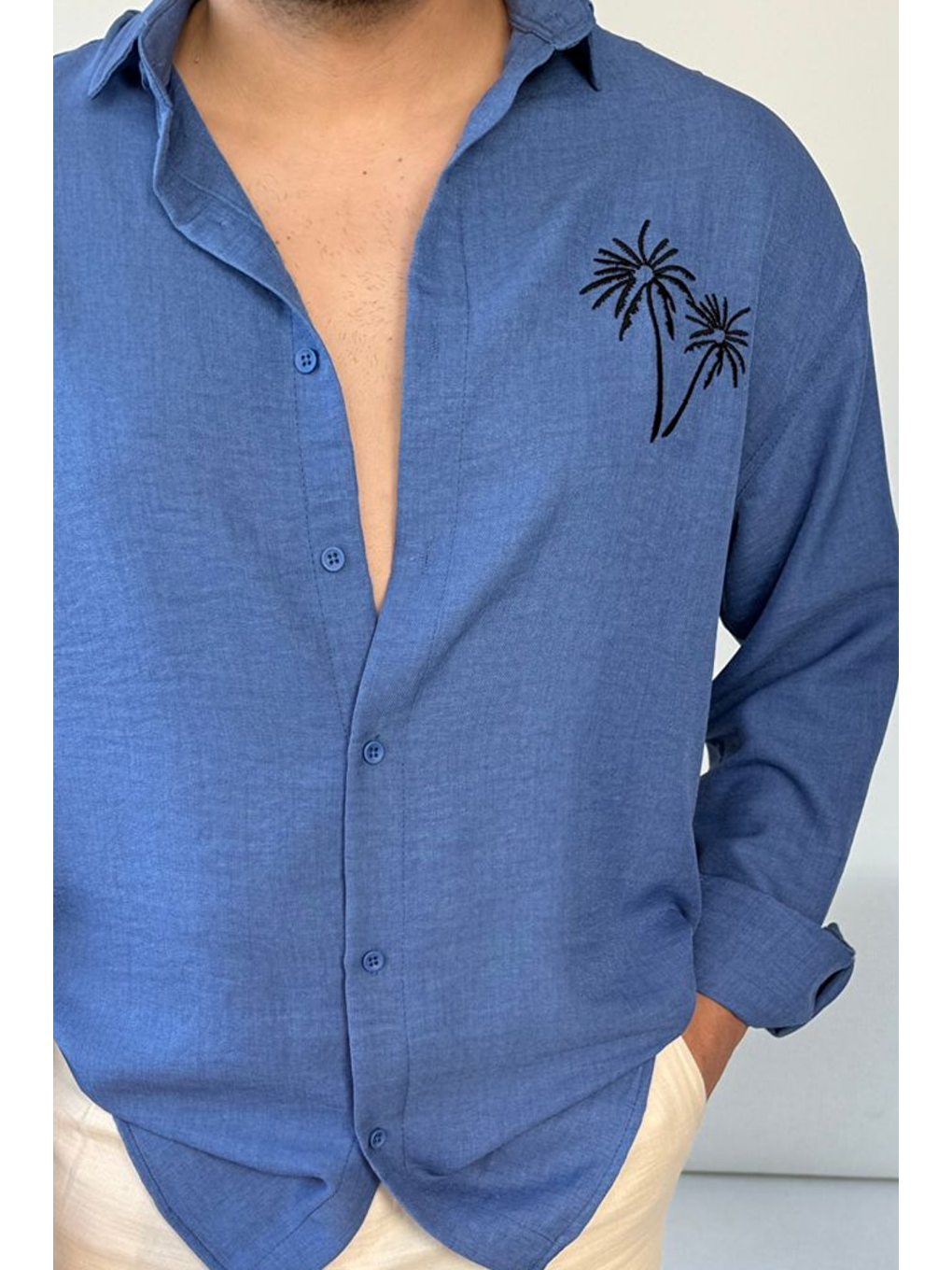 Mavi Erkek Saks Düğmeli Yaka  100 Keten Nakışlı Gömlek-2