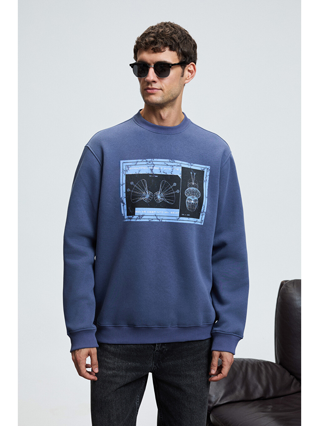 Lucıan Erkek Göğsü Ve Sırtı Baskılı Yuvarlak Yaka Regular Fit İndigo Sweatshirt-1