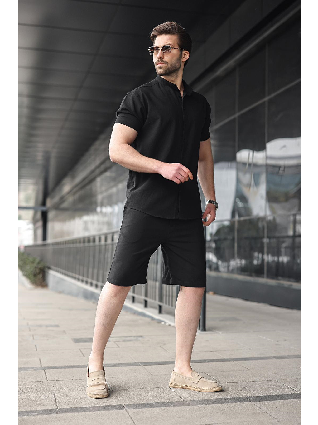 Siyah Erkek Şort Gömlek Takım E7350-4