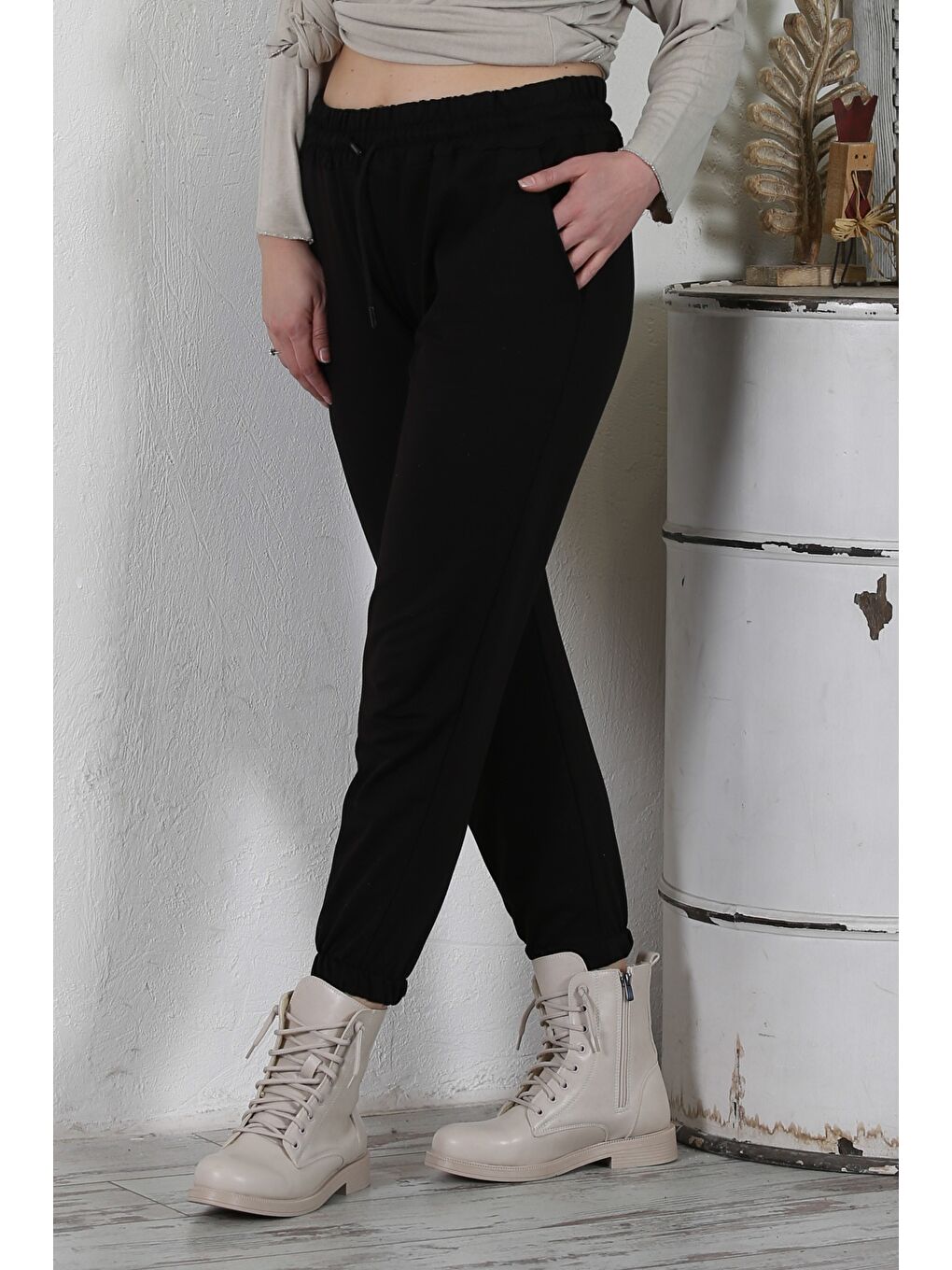 Siyah Çift Cepli Lastikli Ve Bağlamalı Bel Jogger Paça Casual Örme Pantolon 92 60-1